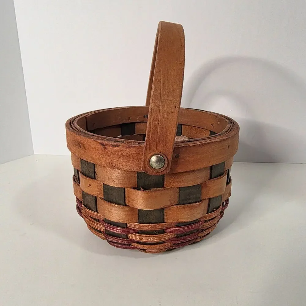 Round Woven Wood Splint Basket Swing Handle Burgundy Primitive Farmhouse 6